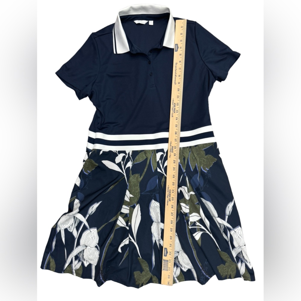 Lady Hagen Navy Polo Midi Dress with White Trim and Green Floral Skirt - Picture 5 of 12
